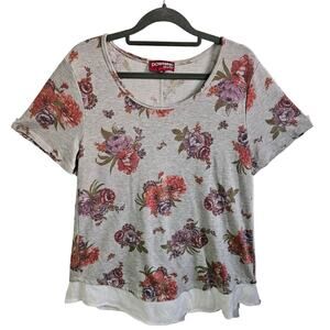 Downing Studio Women's Size 0X Split Back Floral Tee Shirt Gray Rosette Print